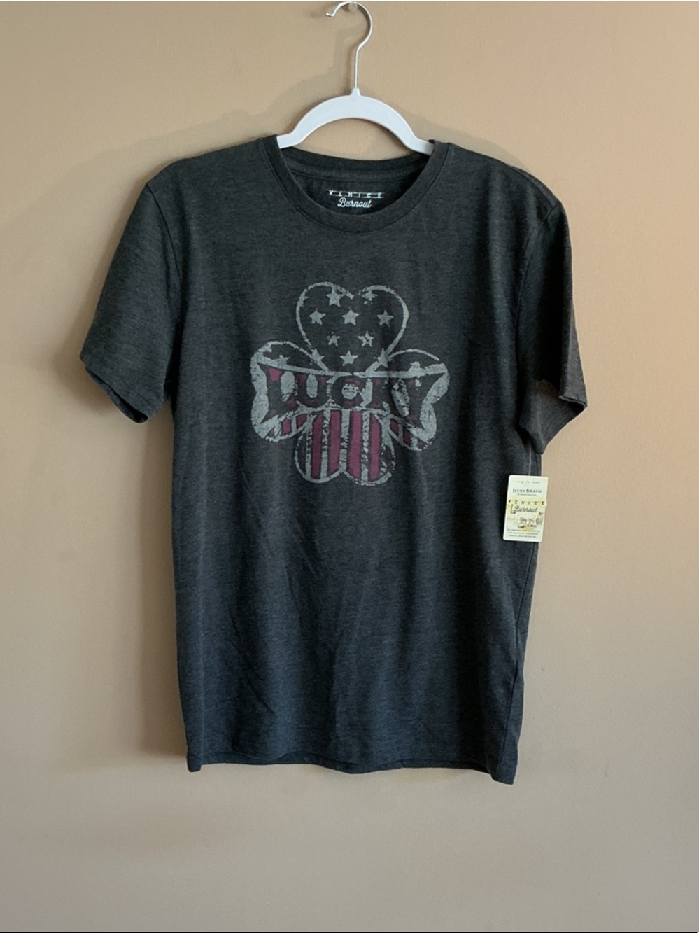 Lucky Brand Charcoal Graphic Tee with Red and White Shamrock Flag